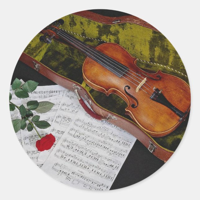 Adesivo Redondo Violino e rosa vermelha sobre fundo preto (Frente)