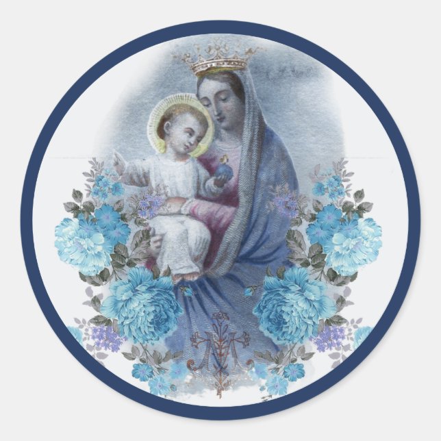 Adesivo Redondo Virgem Abençoada Mary Jesus Floral Azul Católico (Frente)