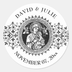 Adesivo Redondo Virgem Clássica Elegante Mary Jesus Black White