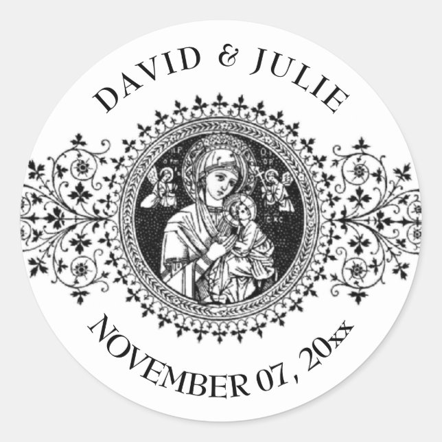 Adesivo Redondo Virgem Clássica Elegante Mary Jesus Black White (Frente)
