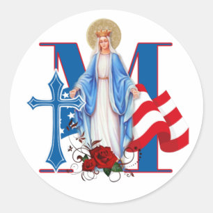 ADESIVO REDONDO VIRGEM DE BANDEIRA AMERICANA MARY ROSAS RELIGIOSOS