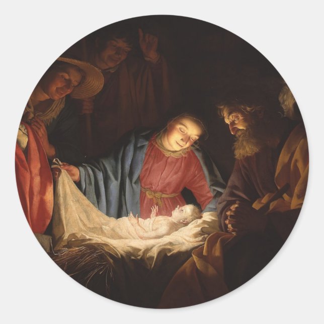 Adesivo Redondo Virgem de Natal Mary Rua Joseph Jesus Natividade (Frente)