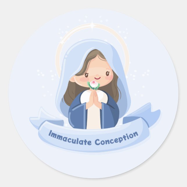 Adesivo Redondo Virgem Kawaii Pacífica Maria Rezando - Azul Claro (Frente)