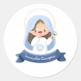 Adesivo Redondo Virgem Maria Kawaii Sorridente com Flor – Branco