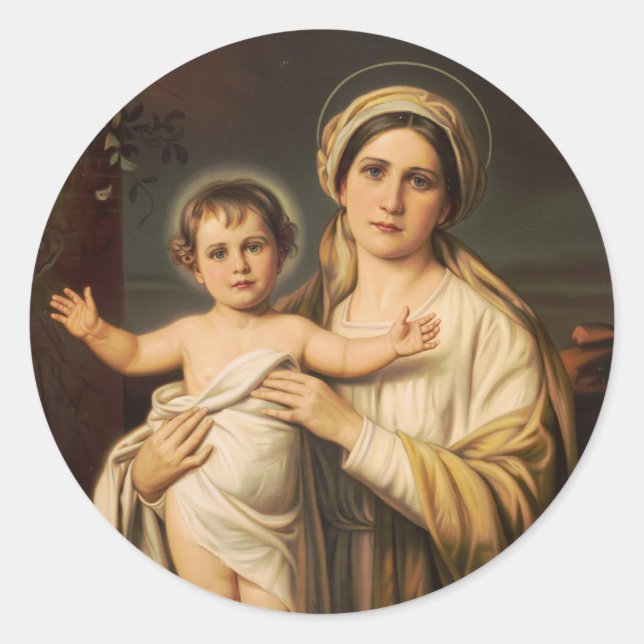 Adesivo Redondo Virgem Maria segurando Jesus bebê (Frente)