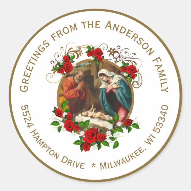 Adesivo Redondo Virgem Religiosa Maria Natividade de Natal Jesus (Frente)