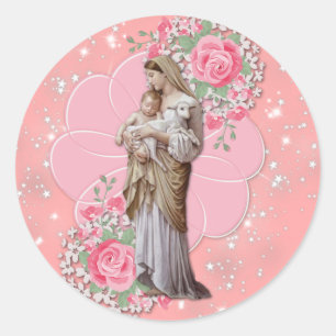 Adesivo Redondo Virgem Religiosa Mary Jesus Rosa Rosas Estrelas