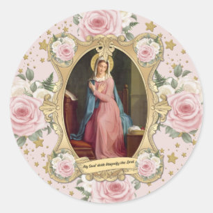 Adesivo Redondo Virgem Religiosa Mary Vintage Rosas Rosa Católica