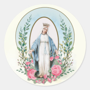 Adesivo Redondo Virgem Religiosa Mary Vintage Rosas Rosa Católica