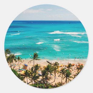 Adesivo Redondo Vista Elevada da Cena da Praia de Waikiki, Honolul