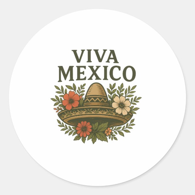 Adesivo Redondo Viva México Ilustração Floral Sombrero (Frente)