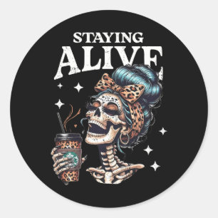 Adesivo Redondo Vivo Skeleton Halloween Leopard Messy Bun Mulheres