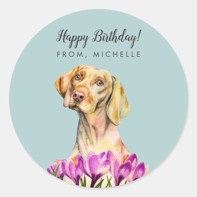Adesivo Redondo Vizsla Dog Flowers | Feliz Aniversário (Frente)