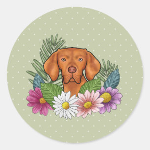 Adesivo Redondo Vizsla Húngaro E Flores Coloridas De Verão Verde