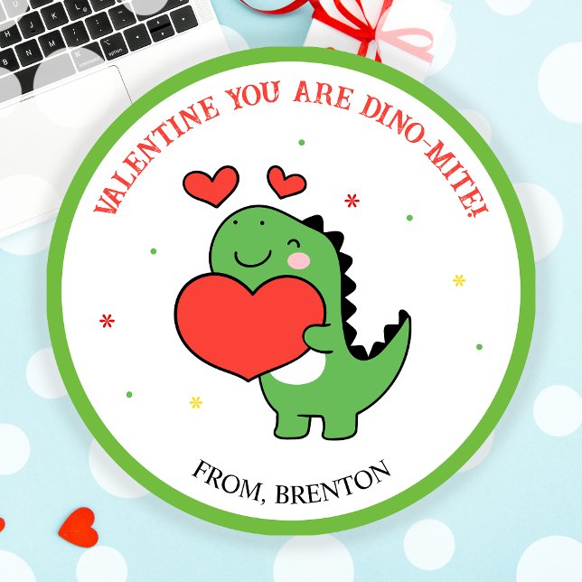 Adesivo Redondo Você É Dino-Mite Dia de os namorados Dinossauro. (You Are Dino-Mite Dinosaur Valentines Day Stickers)