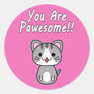 Adesivo Redondo Você É Pawesome!! Gato Cinza Tabby Escrita Branca