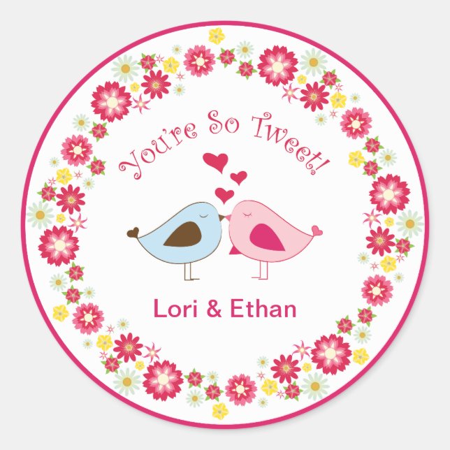 Adesivo Redondo Você é tão "Tweet Love Birds Heart Stickers" (Frente)