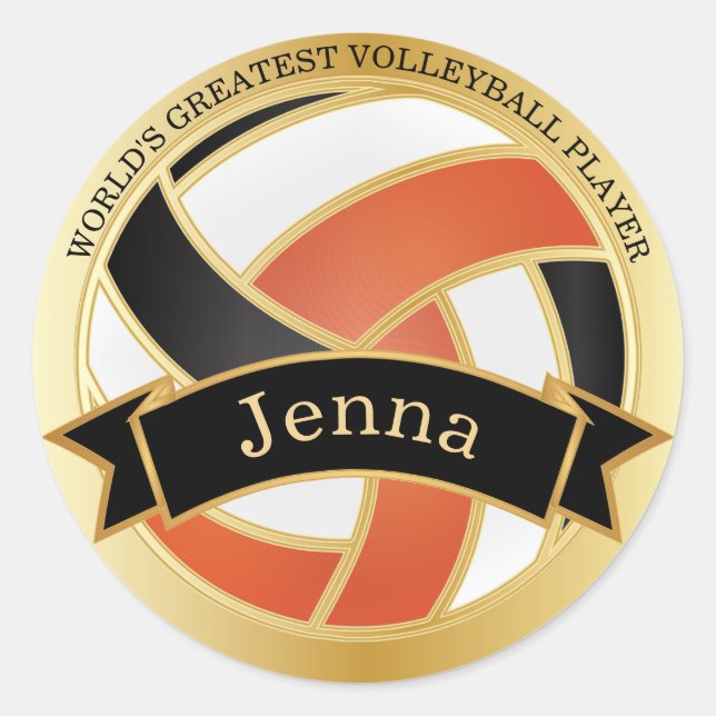 Adesivo Redondo Voleibol Laranja, Preto e Branco | DIY Name (Frente)