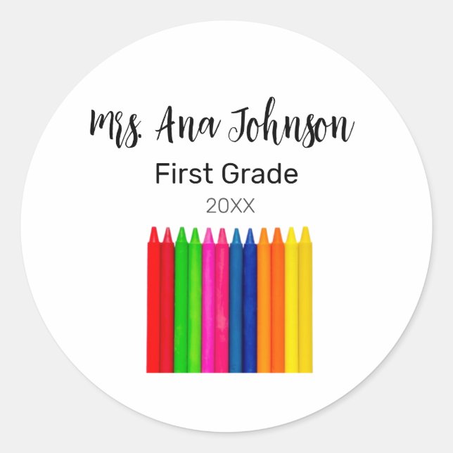 Adesivo Redondo Voltar aos lápis da escola adicionar classe de nom (Frente)