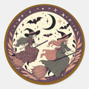 Adesivo Redondo Voo de Bruxa Mágica - Cena de Lua de Halloween
