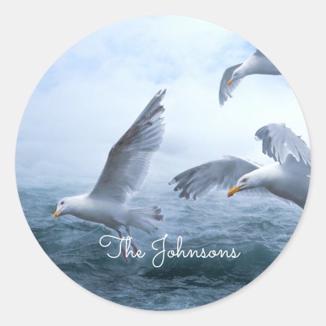 Adesivo Redondo Voo de gaivotas sobre o mar (Frente)