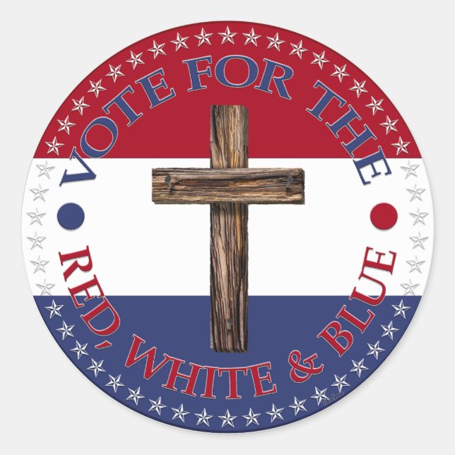 Adesivo Redondo Votar a vermelho, branco e azul com cruz (Frente)