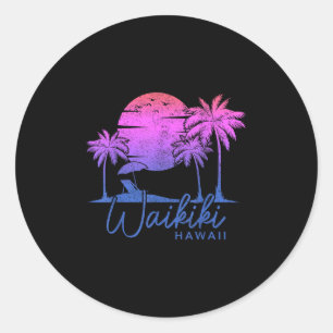 Adesivo Redondo Waikiki Beach Havaí Surf Vintage Sunset Surfer