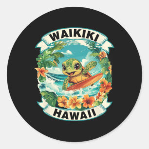 Adesivo Redondo Waikiki Havaí Tartaruga Marinha Fofo Surfando Féri