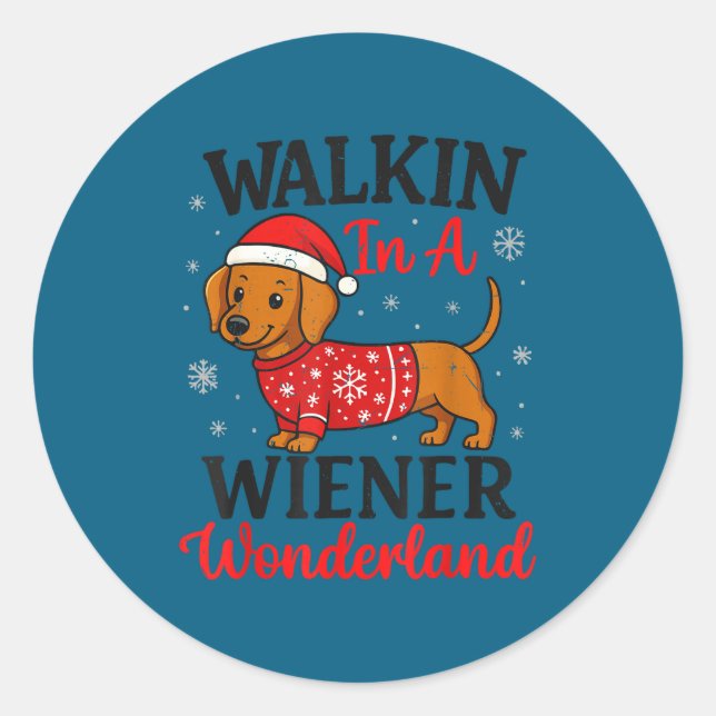 Adesivo Redondo Walking In Weiner Wonderland Mini Dachshund Christ (Frente)
