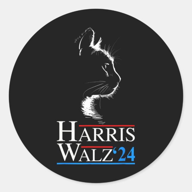 Adesivo Redondo Waltz 2024 Eleição Engraçado Cat Kamala Harris Tim (Frente)