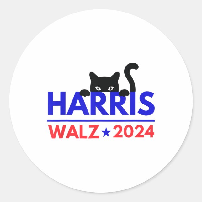 Adesivo Redondo Walz 2024 Engraçado Eleição Gato Kamala Harris Tim (Frente)