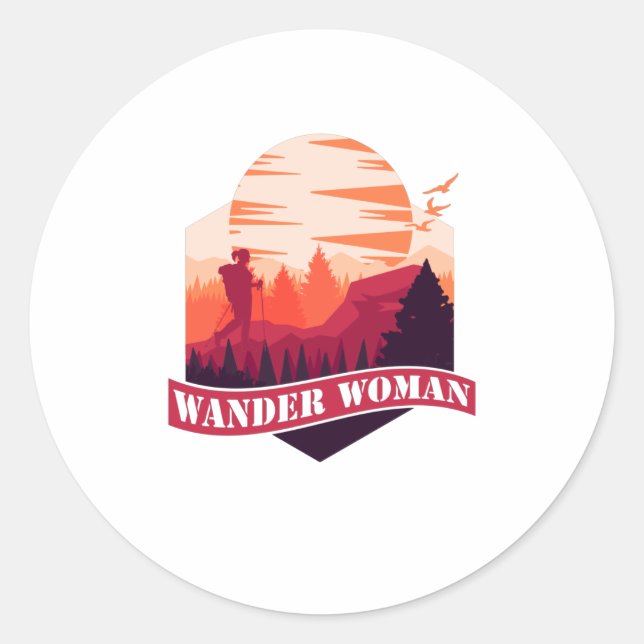 Adesivo Redondo Wander Woman Caminhando Montanhas Adventure (Frente)