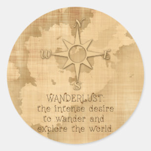 Adesivo Redondo "Wanderlust..." Citação de Viagens em Papel Vintag