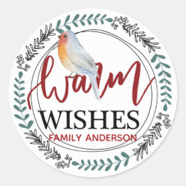 Adesivo Redondo WARM WISHES Personalizado Inverno / Robin de Natal