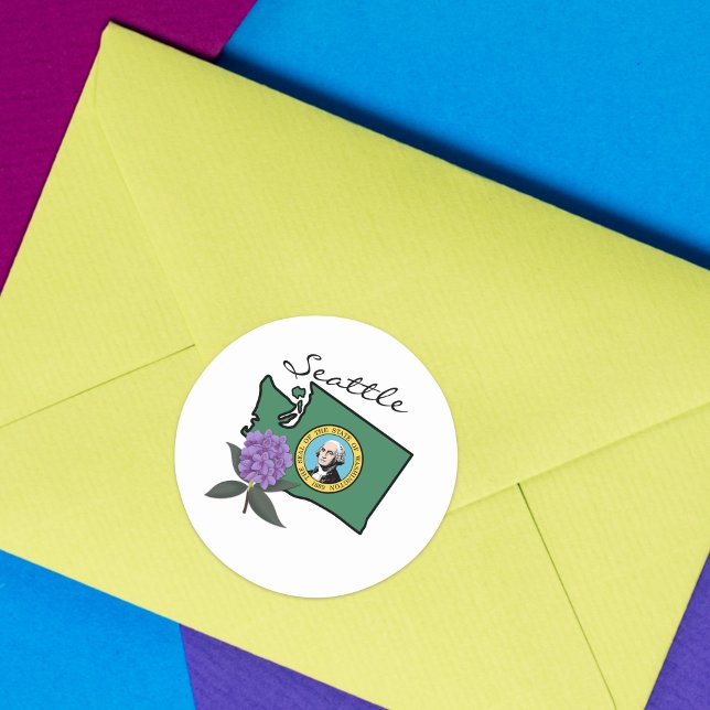 Adesivo Redondo Washington Flag e Flower Pacific Rhododendron (Criador carregado)