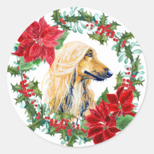 Adesivo Redondo Watercolor Afghan Hound Poinsettia Holiday Wreath