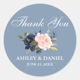 Adesivo Redondo Watercolor Azul Cor Azul Rosa Floral Obrigado