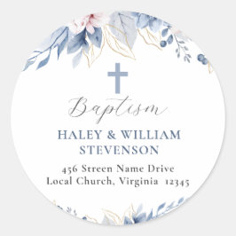 Adesivo Redondo Watercolor Baby Blue Floral Baptism Endereço de De