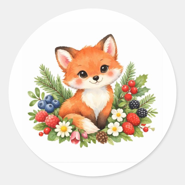 Adesivo Redondo Watercolor Baby Fox with Berries and Flowers  (Frente)