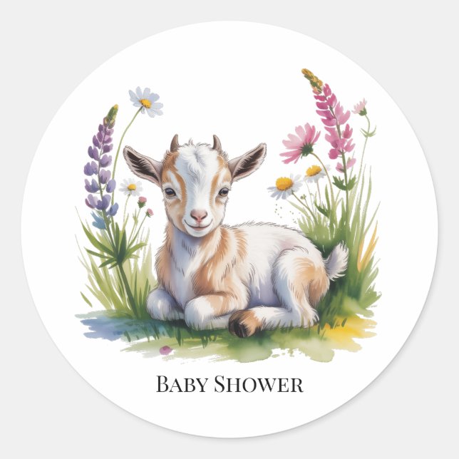 Adesivo Redondo Watercolor Baby Goat with Wildflowers Baby Shower  (Frente)