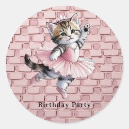 Adesivo Redondo Watercolor Ballerina Kitten Girl Birthday Party