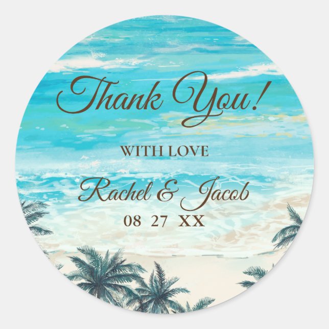 Adesivo Redondo Watercolor Beach Blue Ocean Obrigado Stick (Frente)