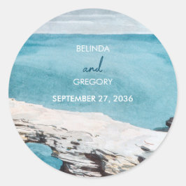 Adesivo Redondo Watercolor Beach Ocean Ong Casamento Monograma