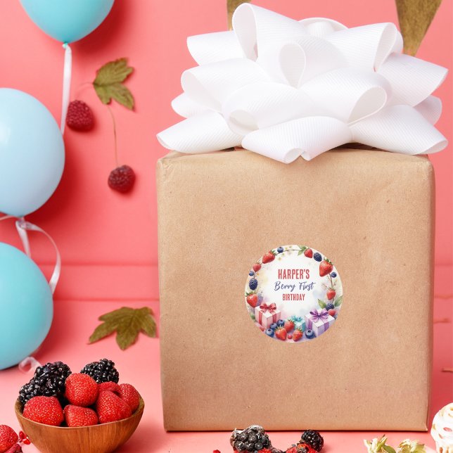 Adesivo Redondo Watercolor Berry First Birthday Strawberry Party - (Criador carregado)