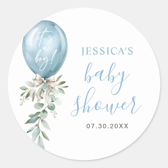 Adesivo Redondo Watercolor Blue Balloon Greenery Baby Shower (Frente)
