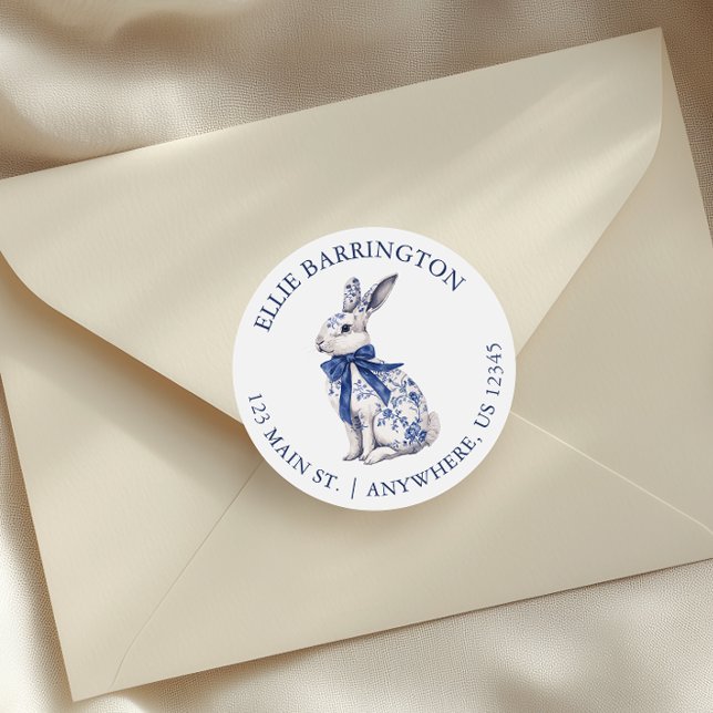 Adesivo Redondo Watercolor Blue Chinoiserie Rabbit Endereço (Criador carregado)