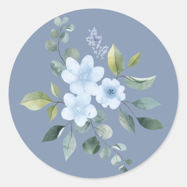 Adesivo Redondo Watercolor Blue Floral Wedding Stickers (Frente)