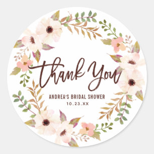 Adesivo Redondo Watercolor Bohemian Floral Wreath Obrigado