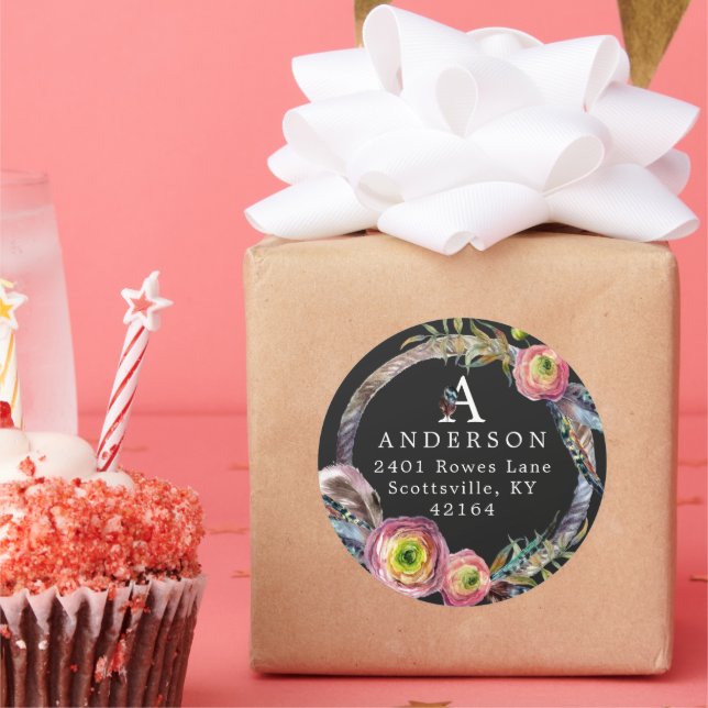 Adesivo Redondo Watercolor Boho Feather Wreath Monograma Endereço (Festa)