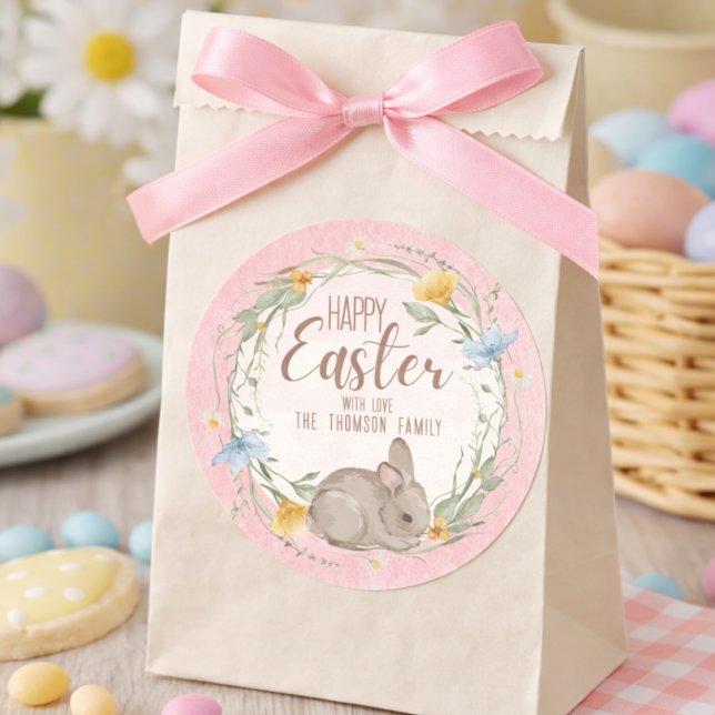 Adesivo Redondo Watercolor Bunny Spring Wildflowers Happy Easter  (Criador carregado)